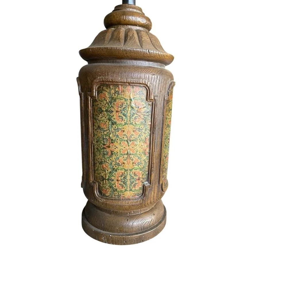 Vintage Mid Century Table Lamp Wood Grain Floral Panels Hollywood Regency Retro